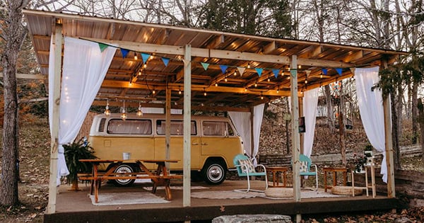 Lost Hill Lake's Good Vibes VW has one queen size bed, a small child bench seat, and sleeps two adults and one child.