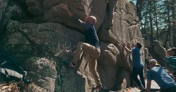 Nick Richards and the Eastern Missouri Climbers Association work on their bouldering skills at Silver Mines Recreation Area in Madison County.