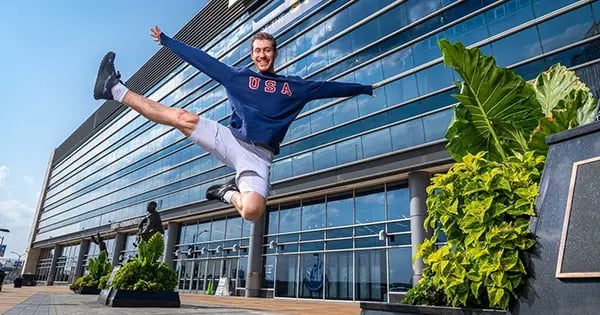 Jason Brown, USA Olympic figure skater, outside the Enterprise Center in St. Louis, MO.